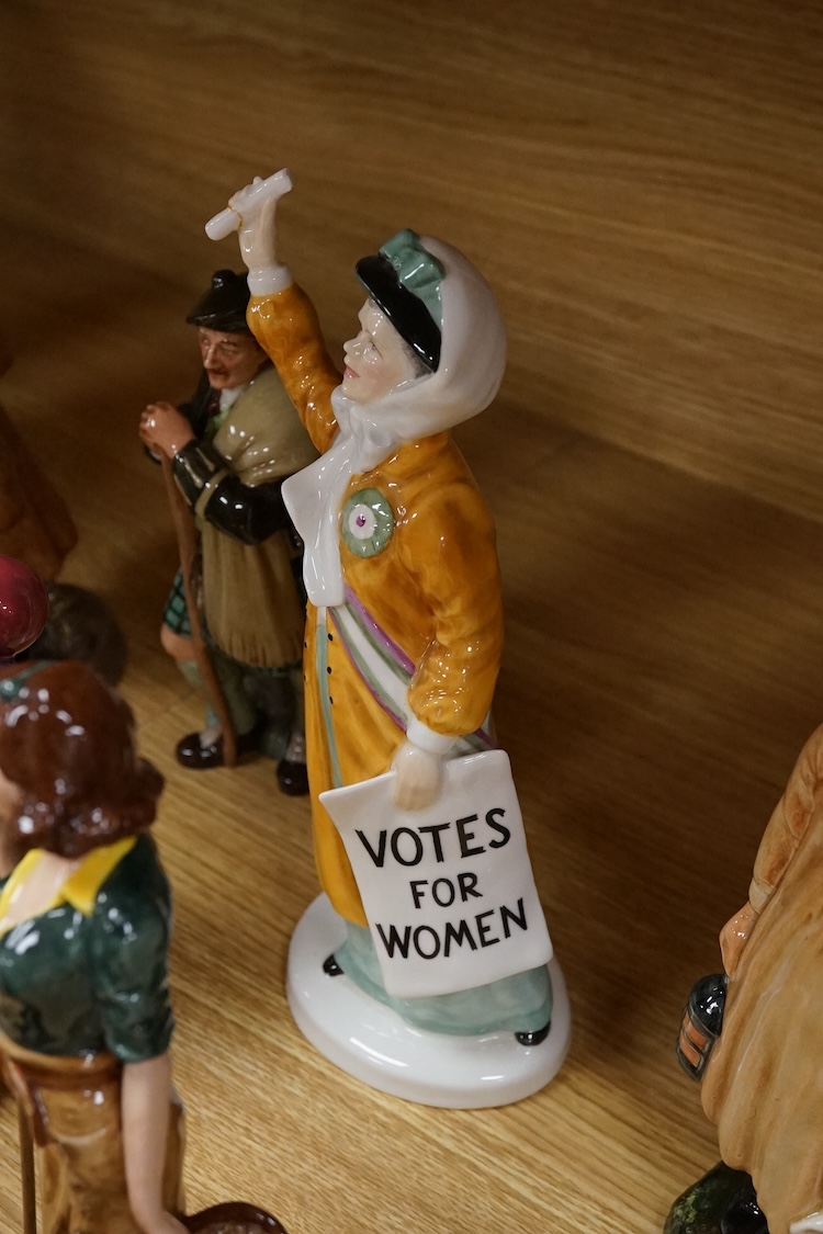 A collection of Royal Doulton figures to include The Old Balloon Seller, Doctor, Votes for Women and The Detective